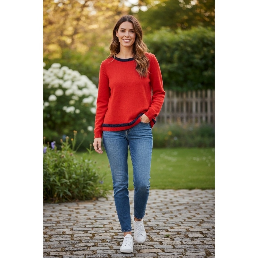 Talbots Sweater XL Red‎ Pullover Boat Neck L/S nautical Braided Trim old money